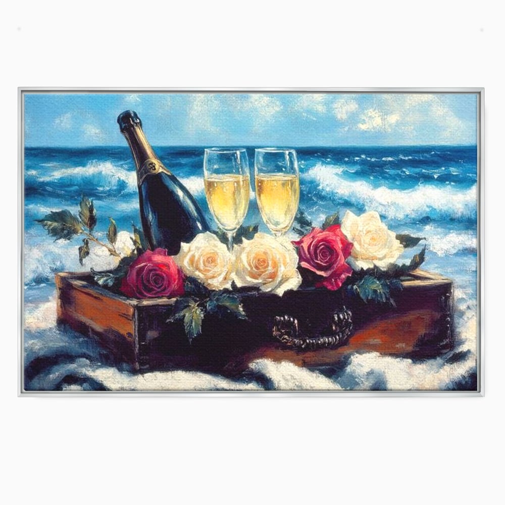 Tablou canvas cu pictura cu sampanie si trandafiri pe malul marii, in rama de aluminiu argintiu