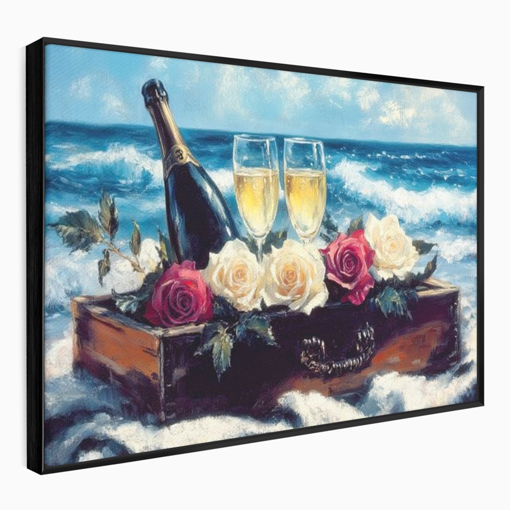Tablou canvas cu pictura cu sampanie si trandafiri pe malul marii, in rama de aluminiu negru