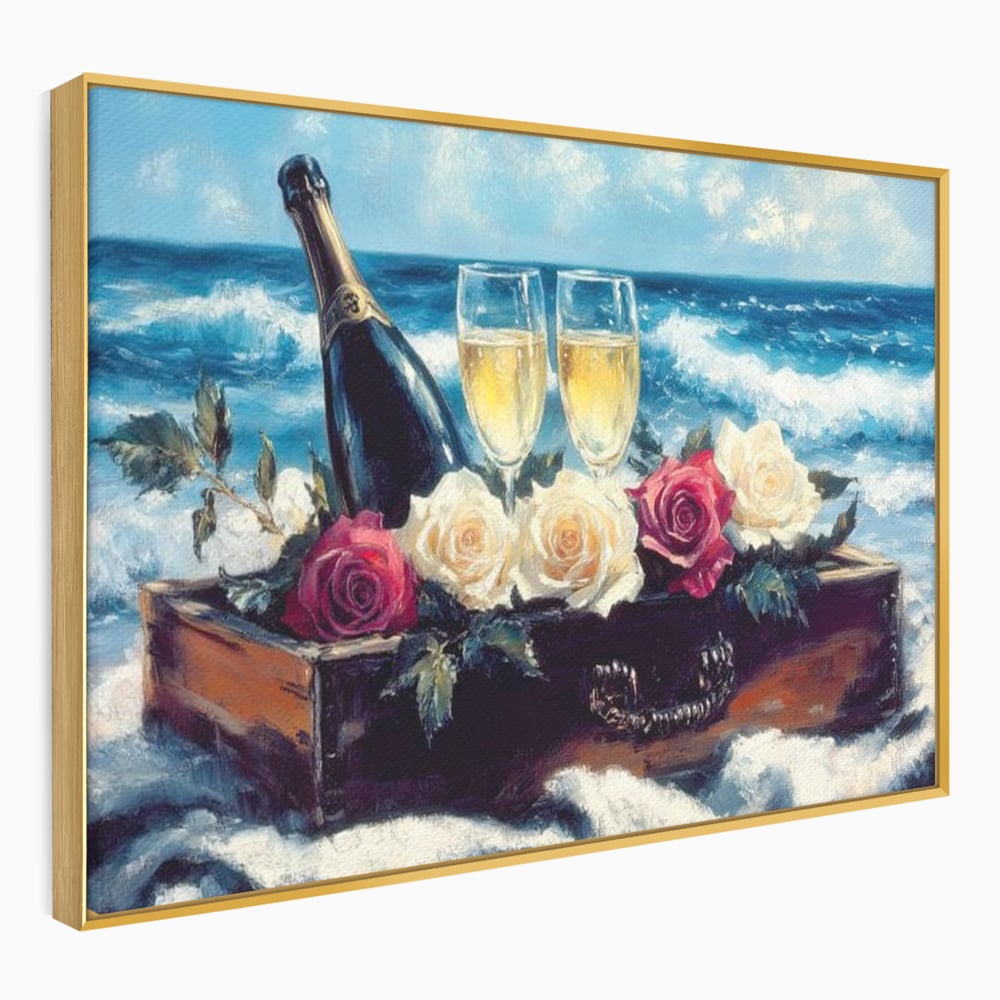 Tablou canvas cu pictura cu sampanie si trandafiri pe malul marii, in rama de aluminiu auriu