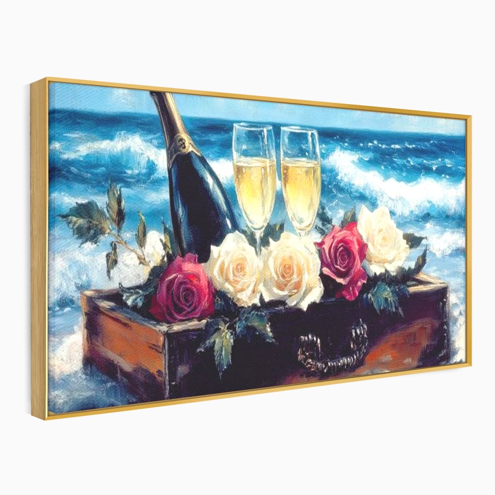 Tablou canvas cu pictura cu sampanie si trandafiri pe malul marii, in rama de aluminiu auriu