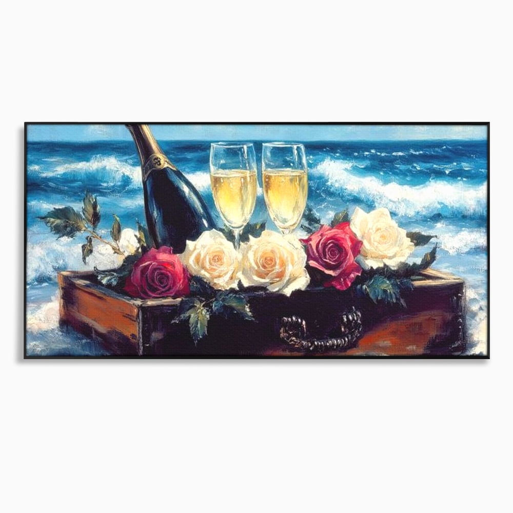 Tablou canvas cu pictura cu sampanie si trandafiri pe malul marii, in rama de aluminiu negru