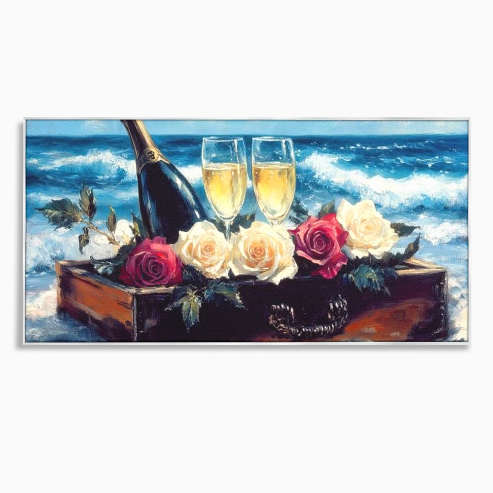 Tablou canvas cu pictura cu sampanie si trandafiri pe malul marii, in rama de aluminiu argintiu