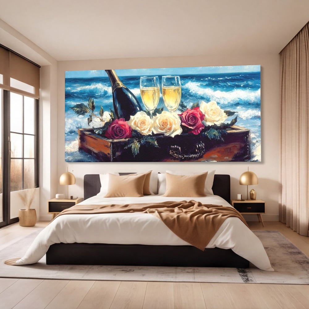 Tablou canvas cu pictura cu sampanie si trandafiri pe malul marii, fara rama, pe sasiu de lemn, pe perete intr-un dormitor