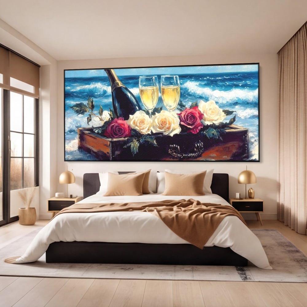 Tablou canvas cu pictura cu sampanie si trandafiri pe malul marii, in rama de aluminiu negru, pe perete intr-un dormitor