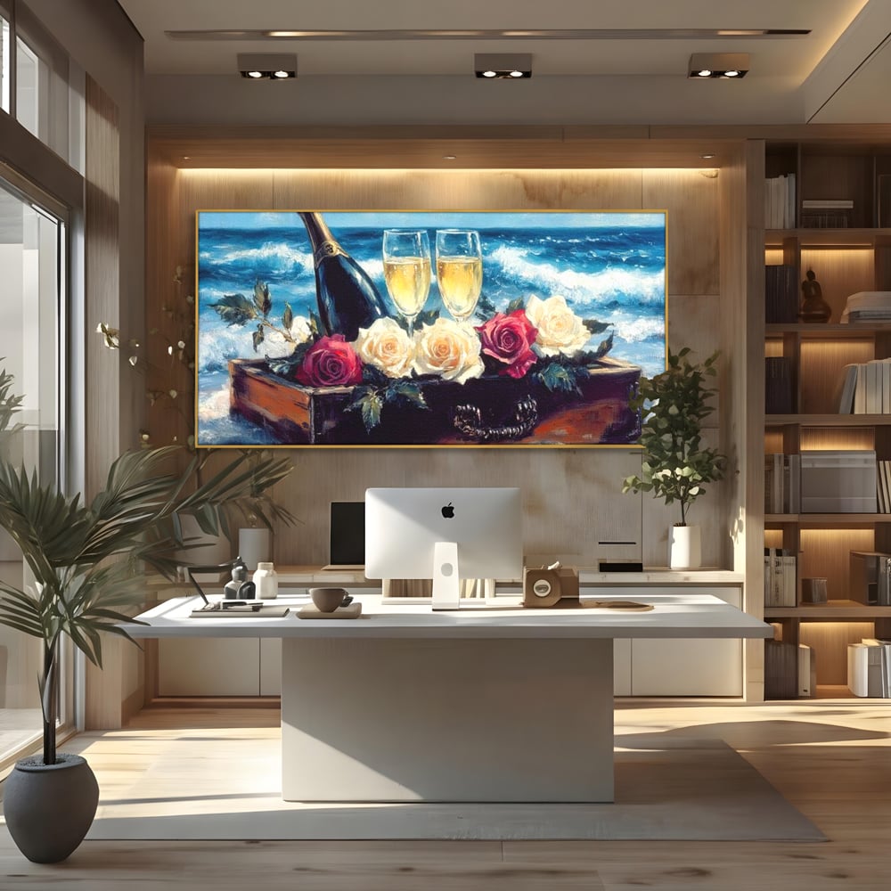Tablou canvas cu pictura cu sampanie si trandafiri pe malul marii, in rama de aluminiu auriu, pe perete intr-un birou