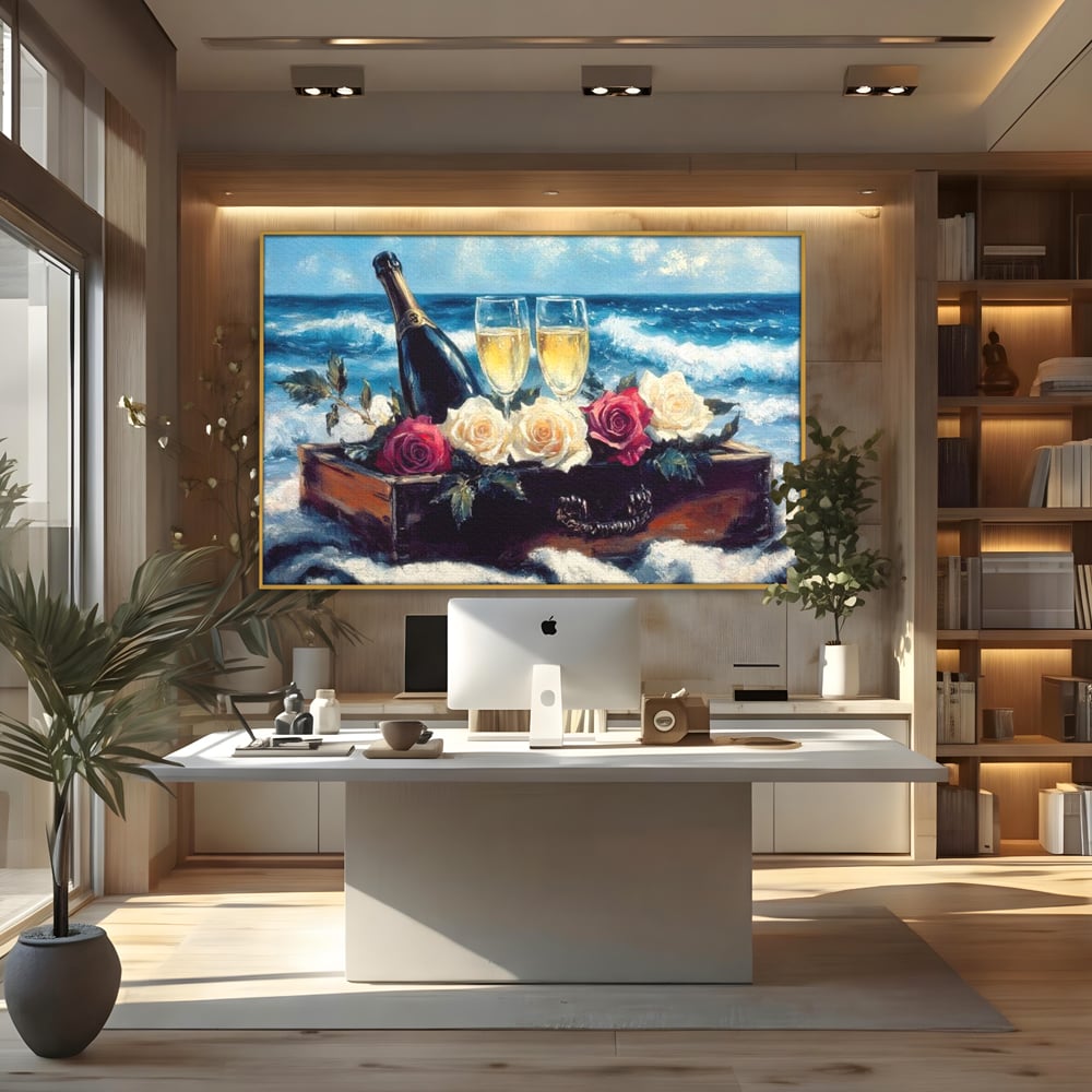 Tablou canvas cu pictura cu sampanie si trandafiri pe malul marii, in rama de aluminiu auriu, pe perete intr-un birou