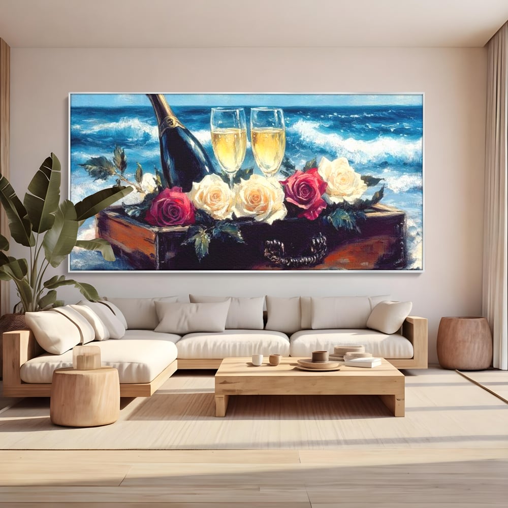 Tablou canvas cu pictura cu sampanie si trandafiri pe malul marii, in rama de aluminiu argintiu, pe perete intr-un living