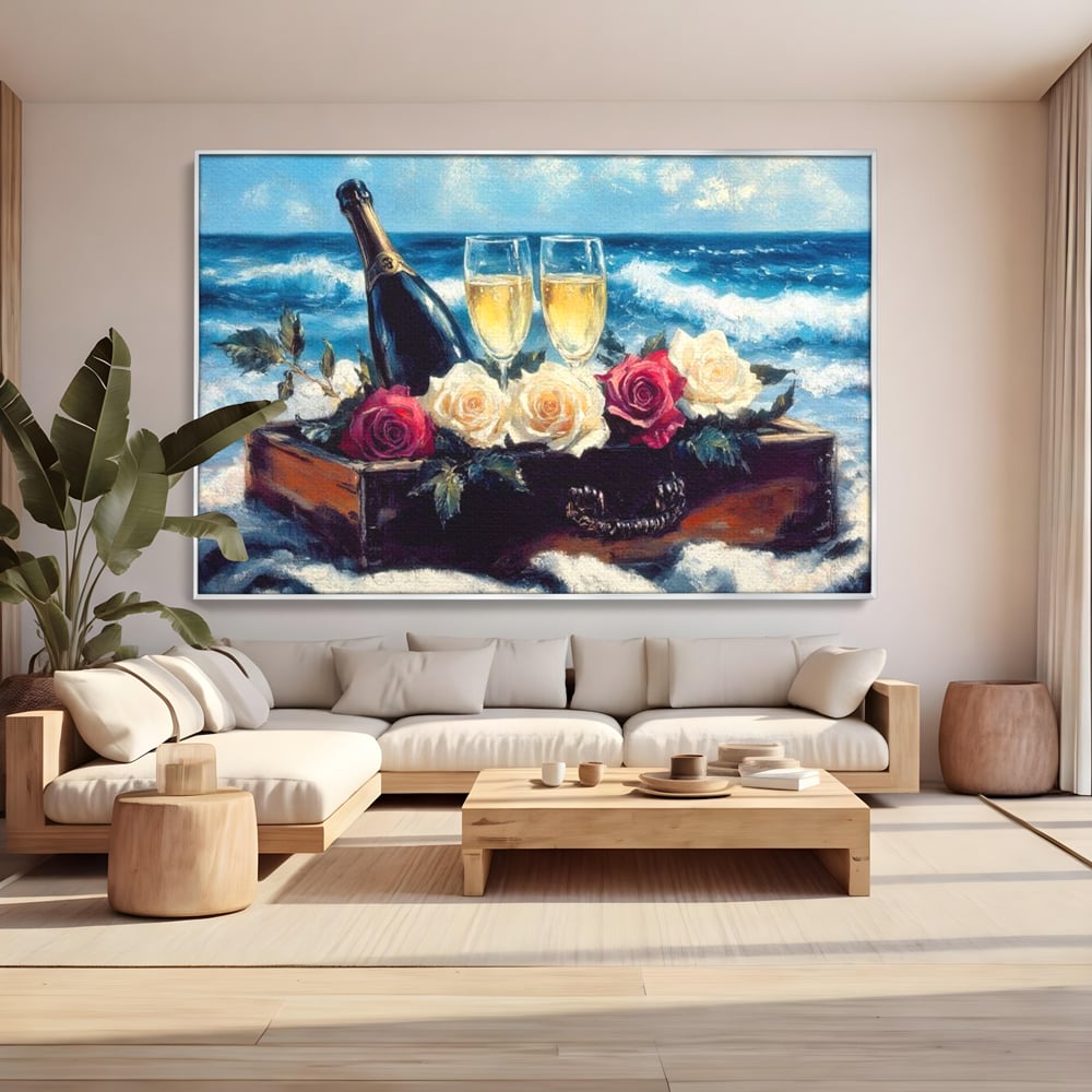 Tablou canvas cu pictura cu sampanie si trandafiri pe malul marii, in rama de aluminiu argintiu, pe perete intr-un living