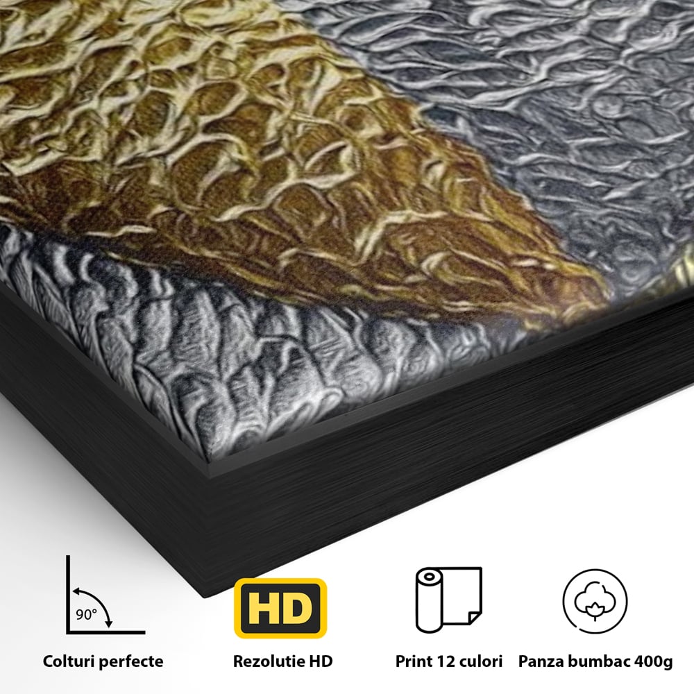 Detaliu al suprafetei: tablou abstract cu inima aurie si argintie, in rama de aluminiu negru