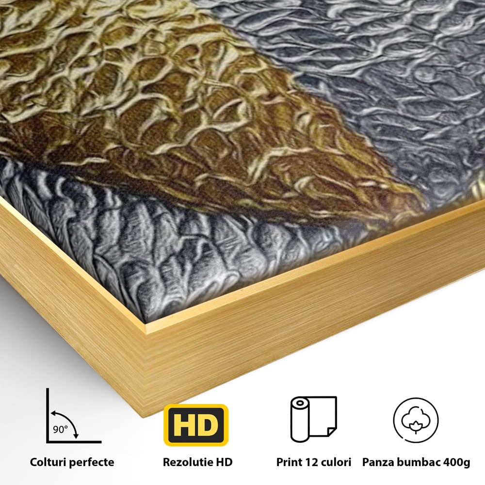 Detaliu al suprafetei: tablou abstract cu inima aurie si argintie, in rama de aluminiu auriu