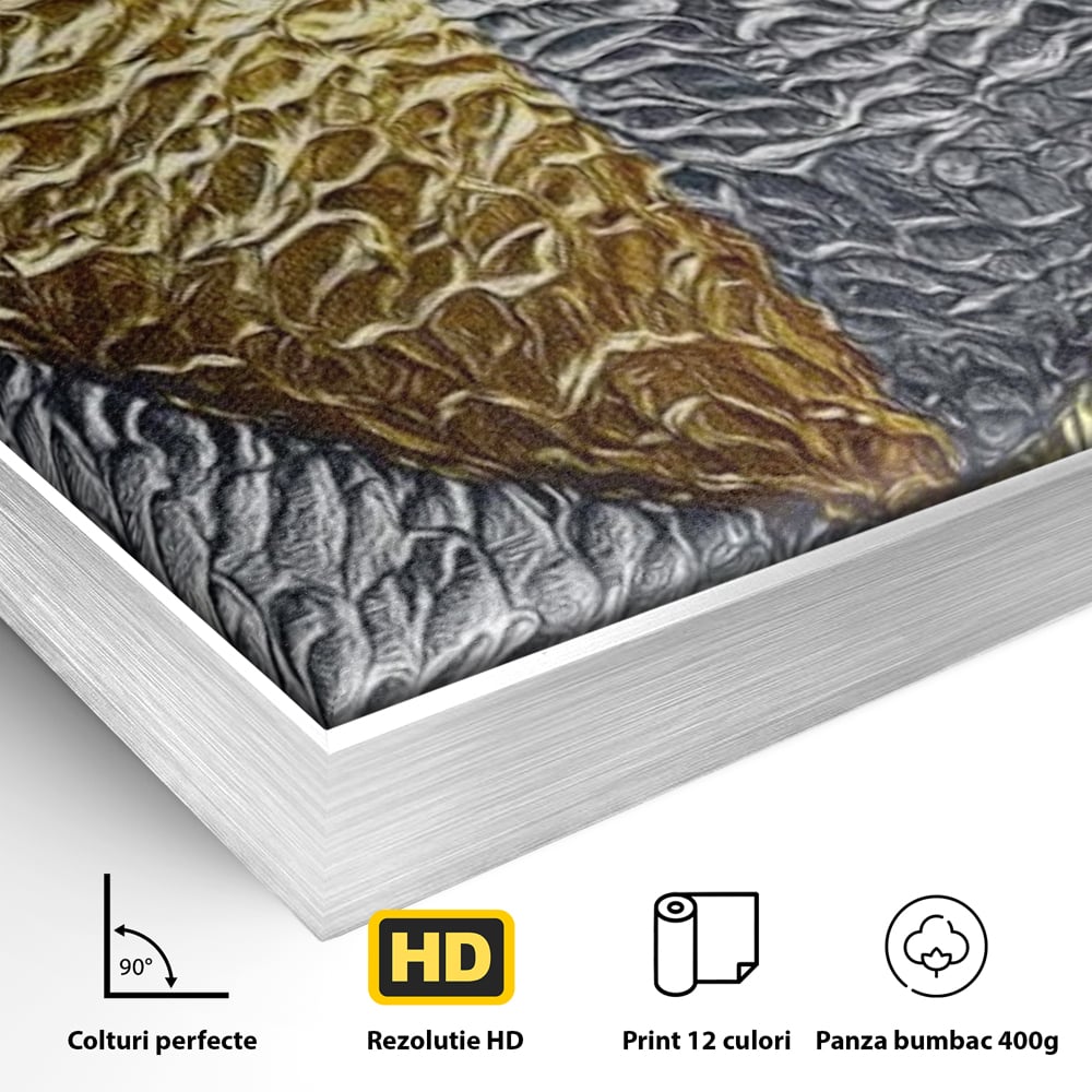 Detaliu al suprafetei: tablou abstract cu inima aurie si argintie, in rama de aluminiu argintiu