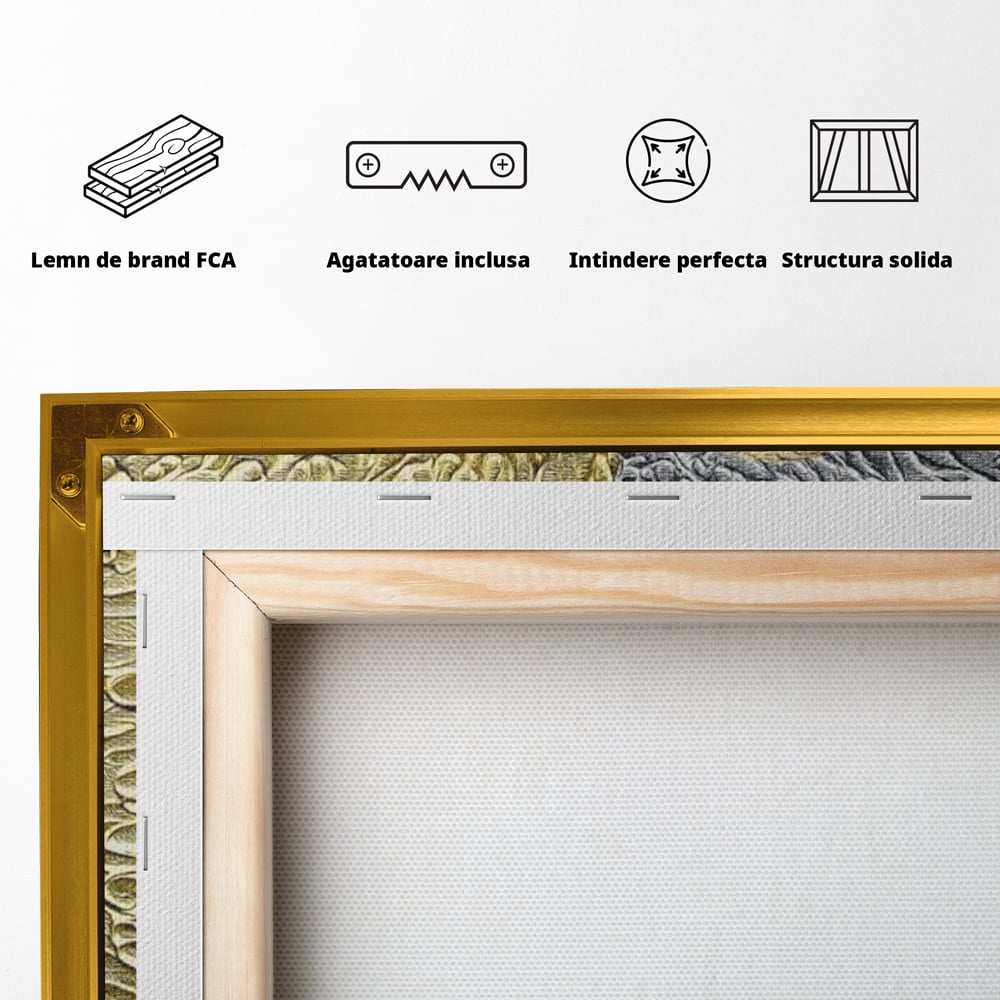 Spatele produsului, cu sasiu din lemn, capse metalice si agatatoare