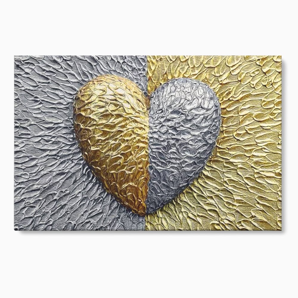 Tablou canvas cu tablou abstract cu inima aurie si argintie, fara rama, pe sasiu de lemn
