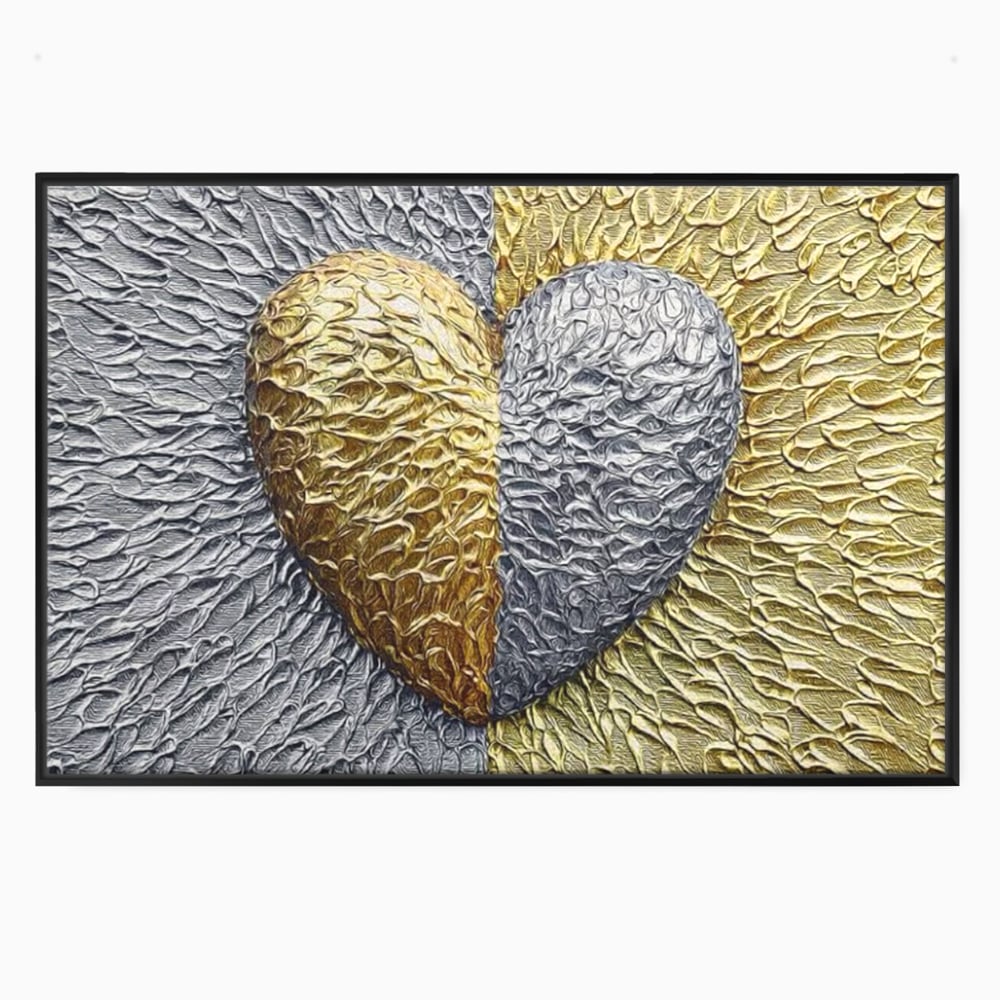 Tablou canvas cu tablou abstract cu inima aurie si argintie, in rama de aluminiu negru