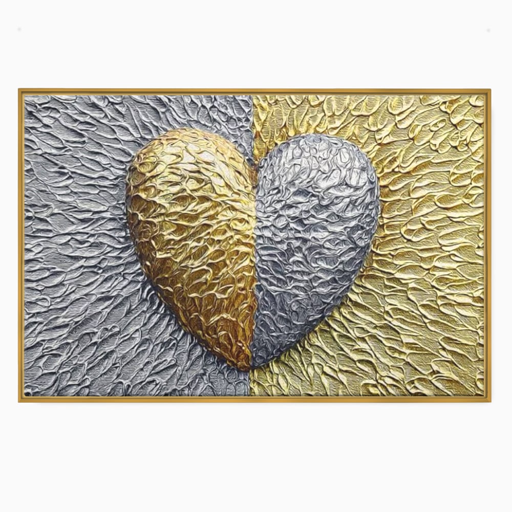 Tablou canvas cu tablou abstract cu inima aurie si argintie, in rama de aluminiu auriu