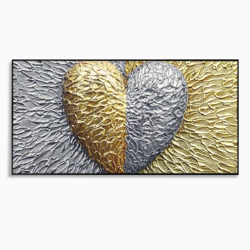 Tablou canvas cu tablou abstract cu inima aurie si argintie, in rama de aluminiu negru