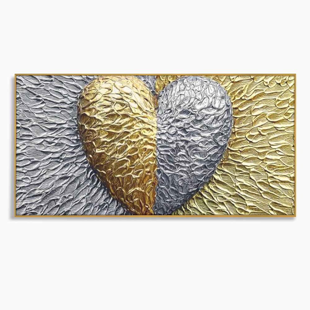 Tablou canvas cu tablou abstract cu inima aurie si argintie, in rama de aluminiu auriu