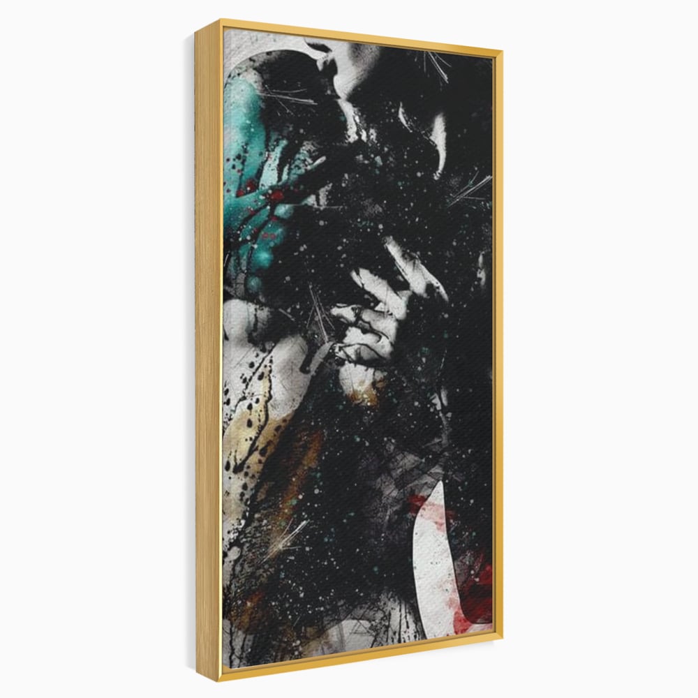 Tablou canvas cu tablou canvas cu silueta feminina si culori abstracte, in rama de aluminiu auriu