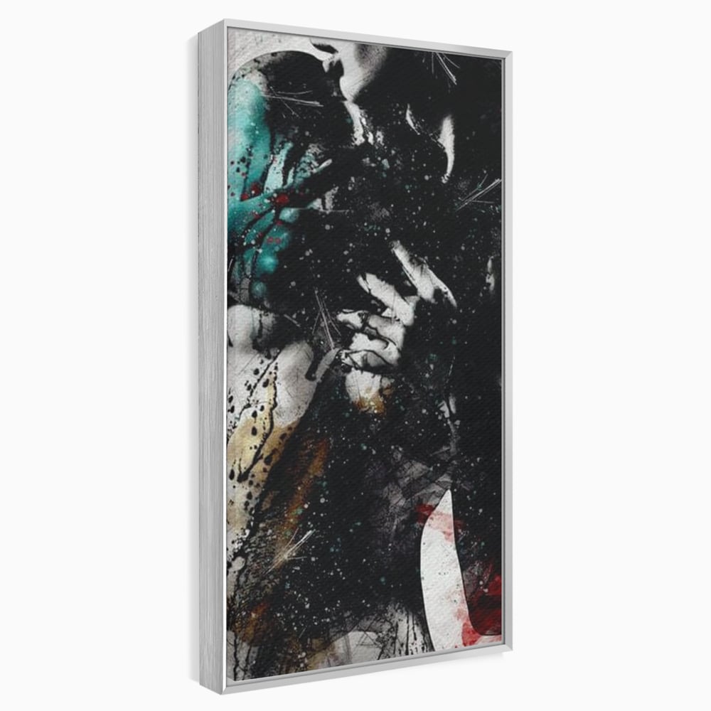 Tablou canvas cu tablou canvas cu silueta feminina si culori abstracte, in rama de aluminiu argintiu
