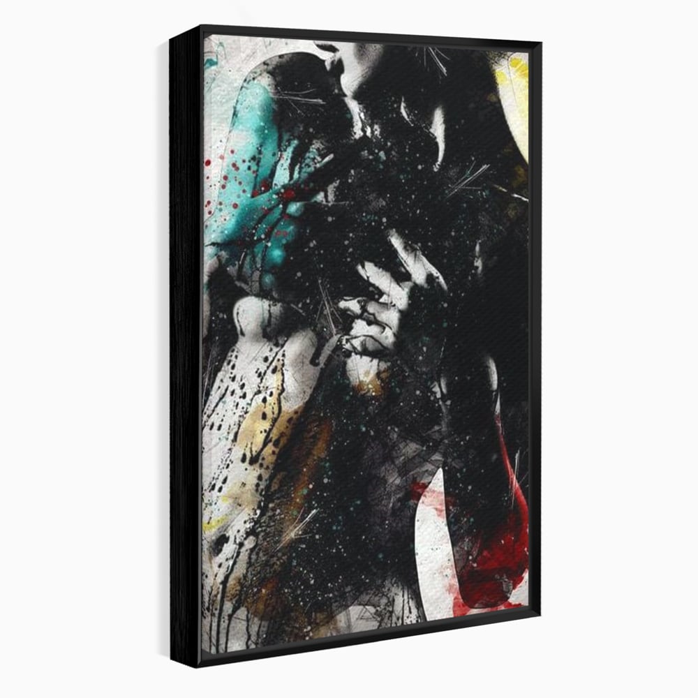 Tablou canvas cu tablou canvas cu silueta feminina si culori abstracte, in rama de aluminiu negru