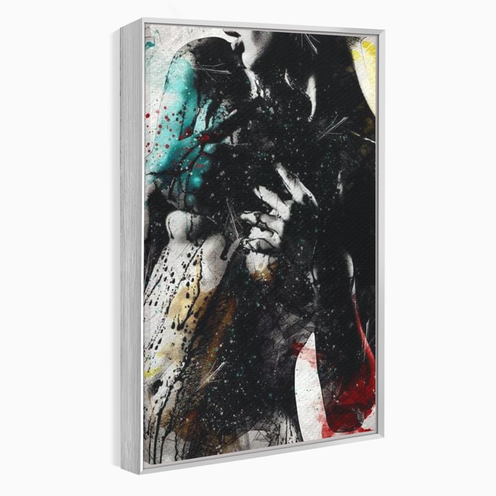 Tablou canvas cu tablou canvas cu silueta feminina si culori abstracte, in rama de aluminiu argintiu