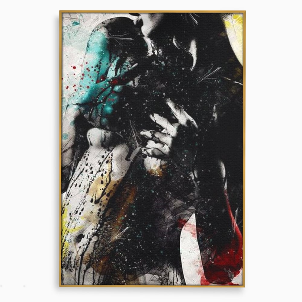 Tablou canvas cu tablou canvas cu silueta feminina si culori abstracte, in rama de aluminiu auriu