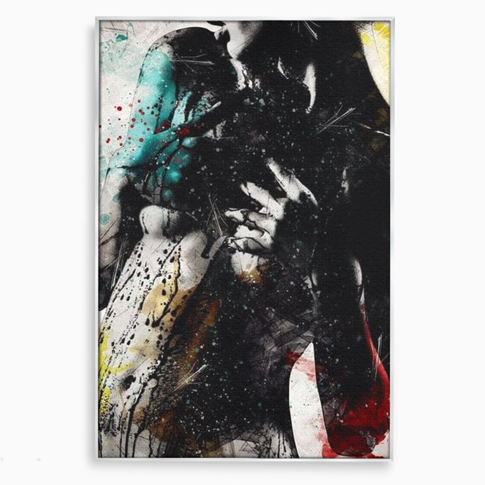 Tablou canvas cu tablou canvas cu silueta feminina si culori abstracte, in rama de aluminiu argintiu