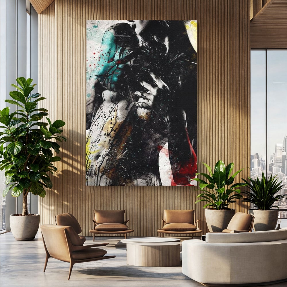 Tablou canvas cu tablou canvas cu silueta feminina si culori abstracte, fara rama, pe sasiu de lemn, pe perete intr-un birou