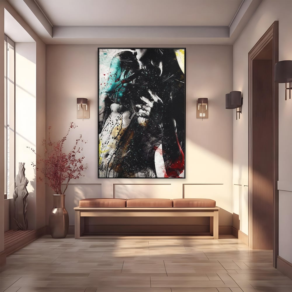 Tablou canvas cu tablou canvas cu silueta feminina si culori abstracte, in rama de aluminiu negru