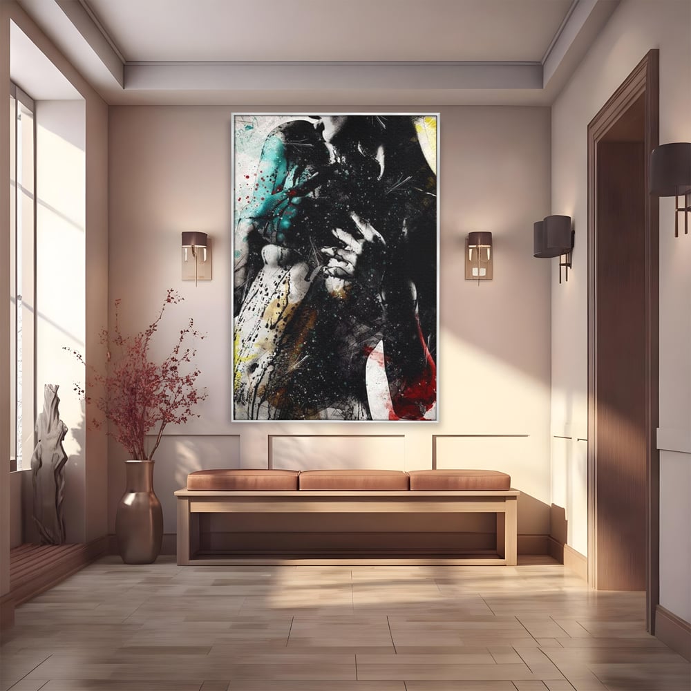 Tablou canvas cu tablou canvas cu silueta feminina si culori abstracte, in rama de aluminiu argintiu