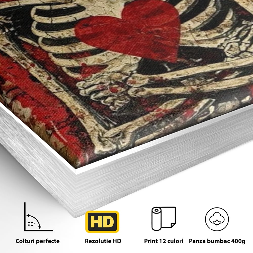 Detaliu al suprafetei: tablou canvas cu schelet purtand coroana, in rama de aluminiu argintiu