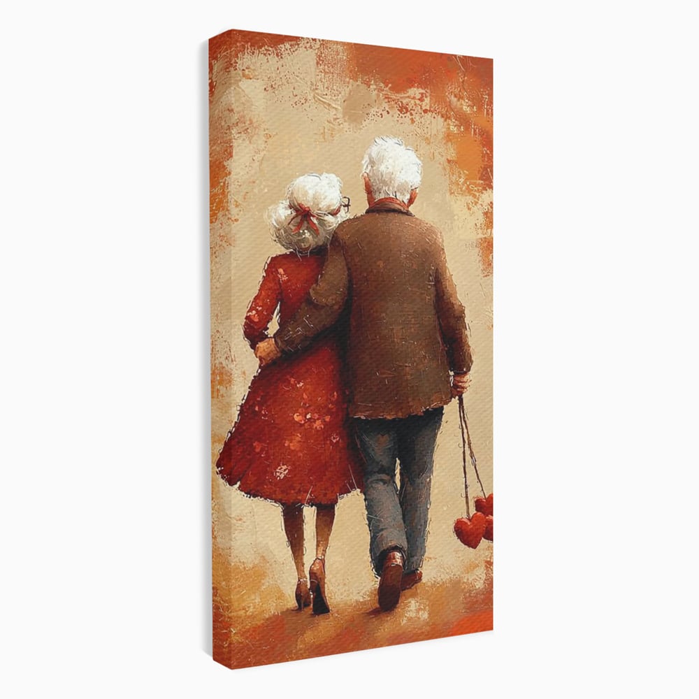 Tablou canvas cu pictura cu un cuplu in varsta imbratisat, fara rama, pe sasiu de lemn