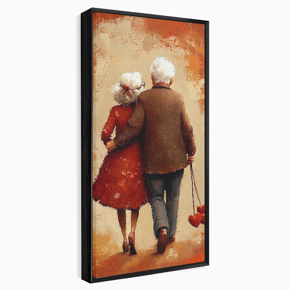 Tablou canvas cu pictura cu un cuplu in varsta imbratisat, in rama de aluminiu negru