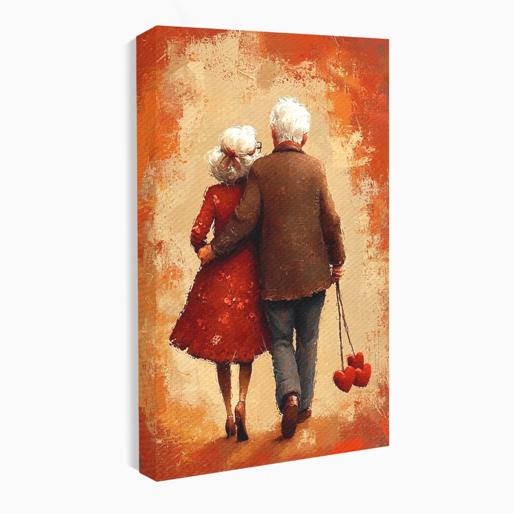 Tablou canvas cu pictura cu un cuplu in varsta imbratisat, fara rama, pe sasiu de lemn