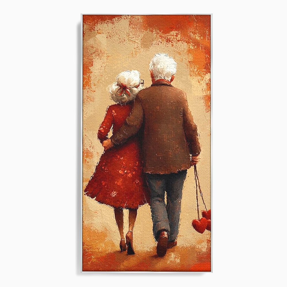 Tablou canvas cu pictura cu un cuplu in varsta imbratisat, in rama de aluminiu argintiu