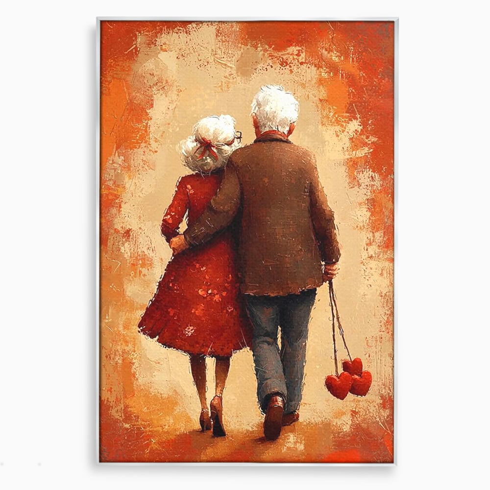 Tablou canvas cu pictura cu un cuplu in varsta imbratisat, in rama de aluminiu argintiu