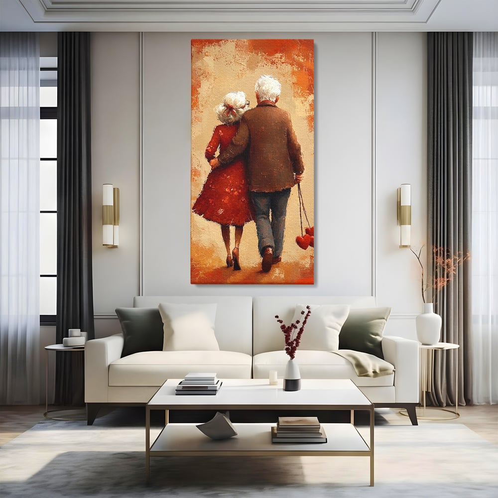Tablou canvas cu pictura cu un cuplu in varsta imbratisat, fara rama, pe sasiu de lemn, pe perete intr-un living