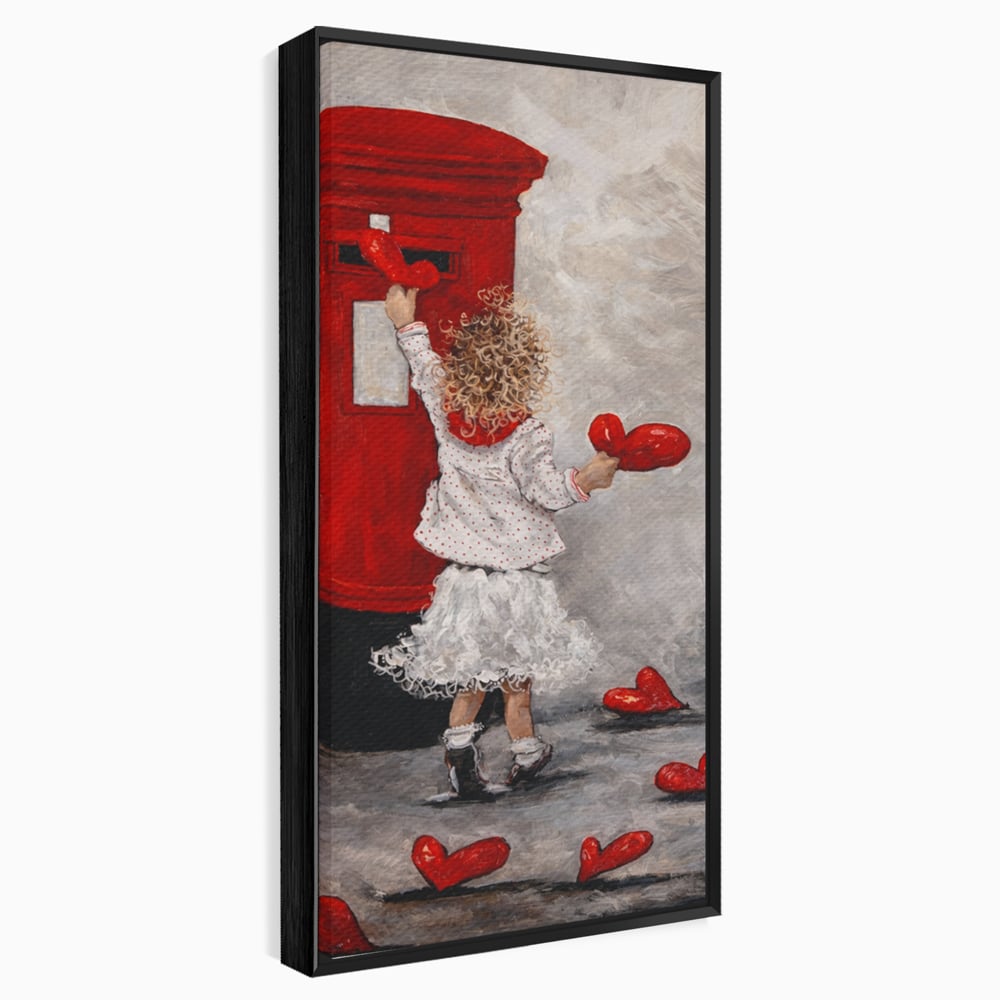 Tablou canvas cu pictura cu fetita si cutie postala, in rama de aluminiu negru