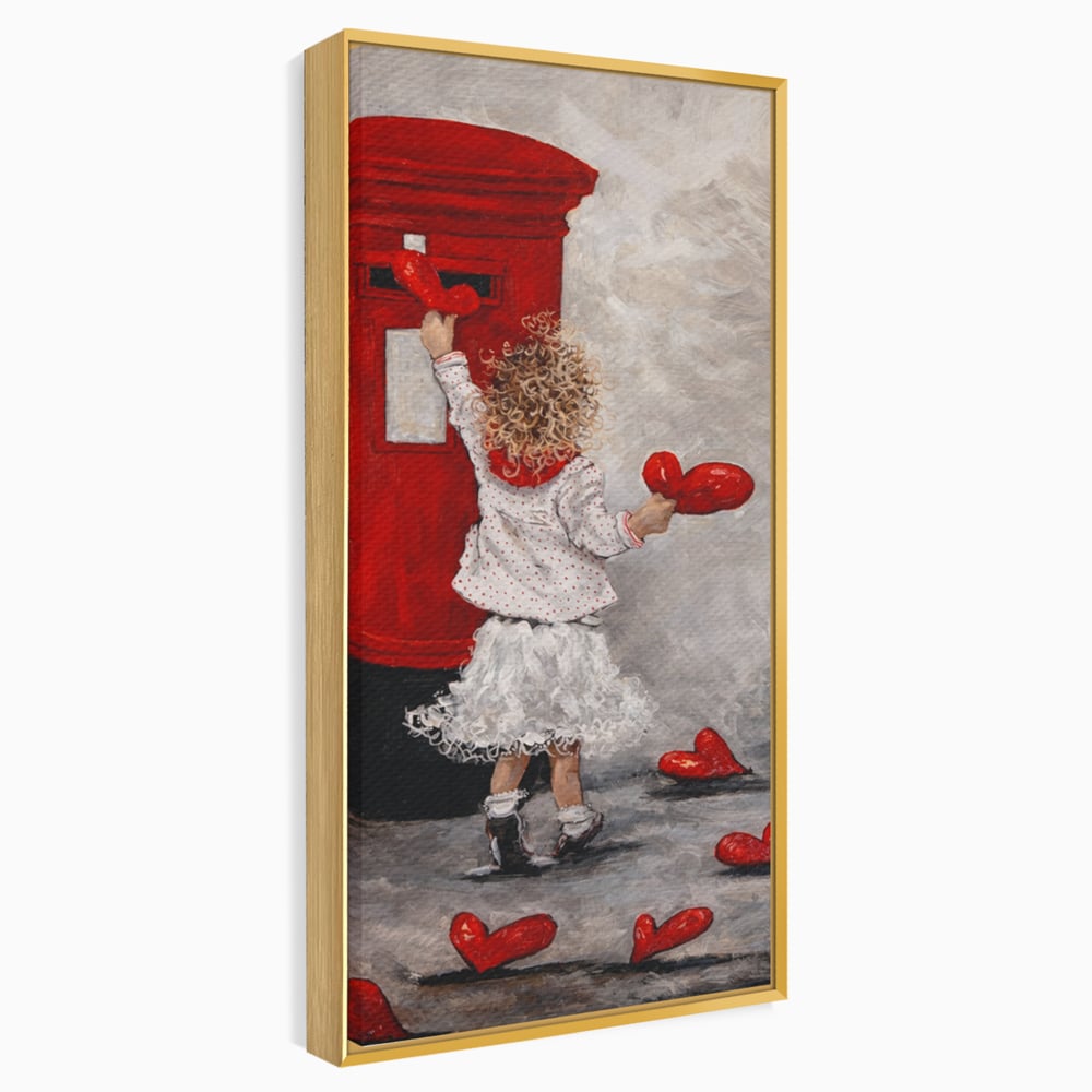Tablou canvas cu pictura cu fetita si cutie postala, in rama de aluminiu auriu