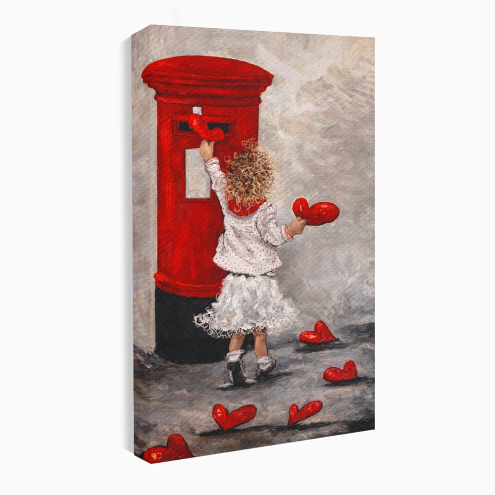 Tablou canvas cu pictura cu fetita si cutie postala, fara rama, pe sasiu de lemn