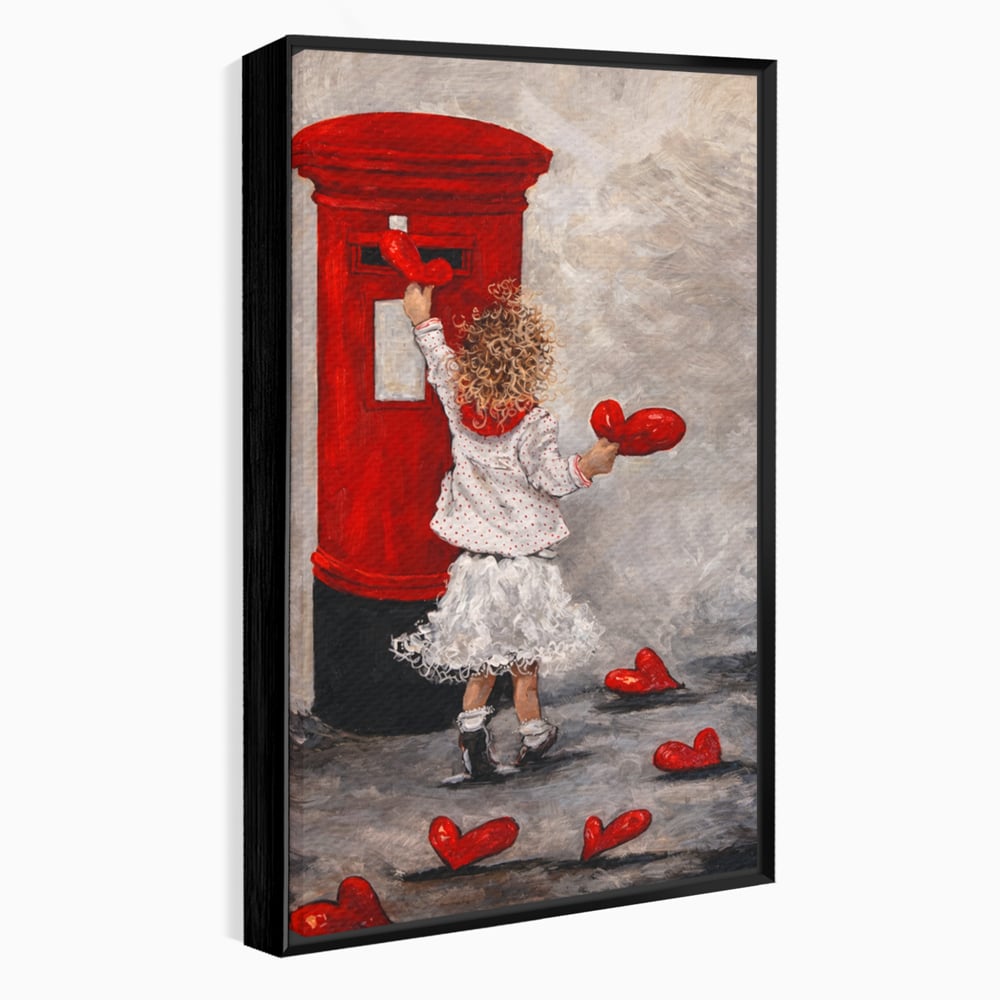 Tablou canvas cu pictura cu fetita si cutie postala, in rama de aluminiu negru