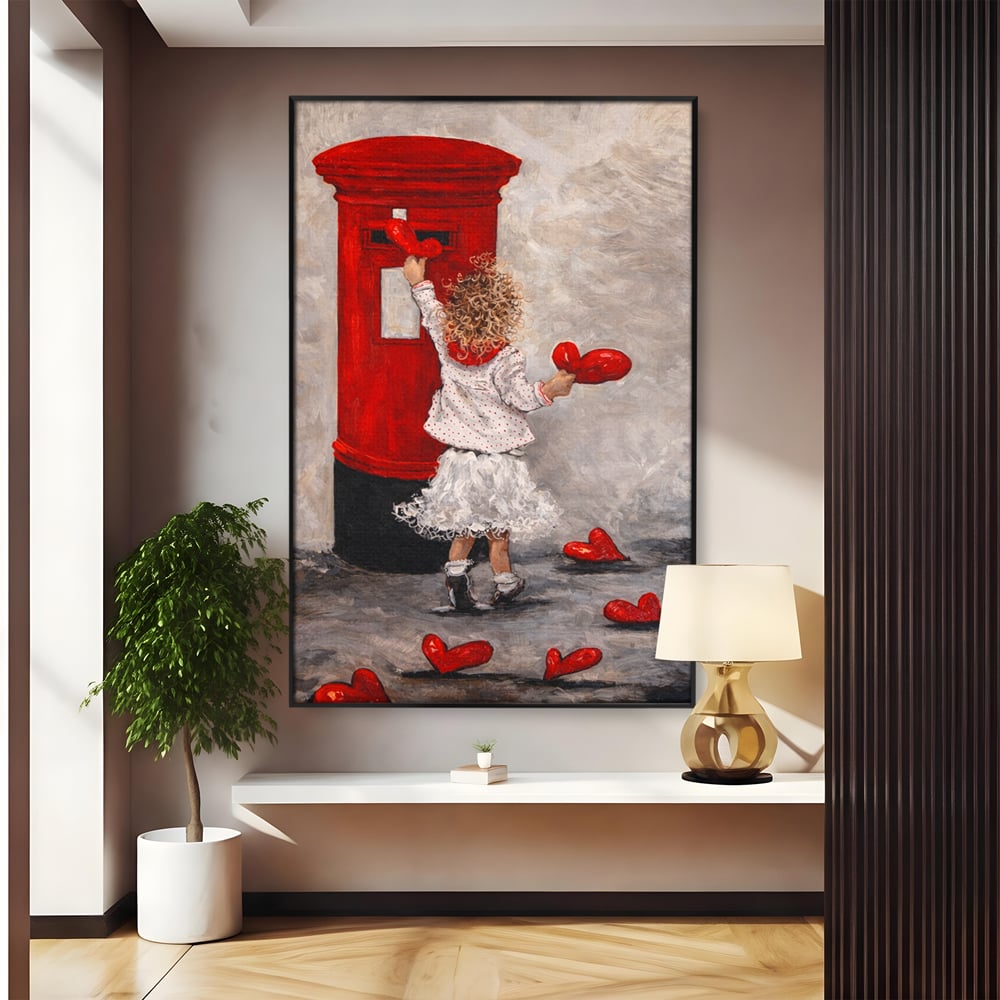 Tablou canvas cu pictura cu fetita si cutie postala, in rama de aluminiu negru