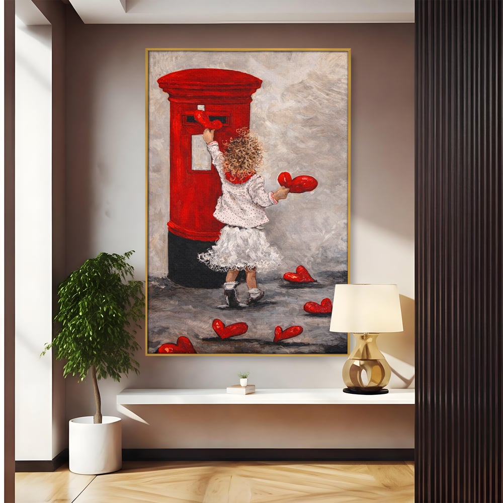 Tablou canvas cu pictura cu fetita si cutie postala, in rama de aluminiu auriu
