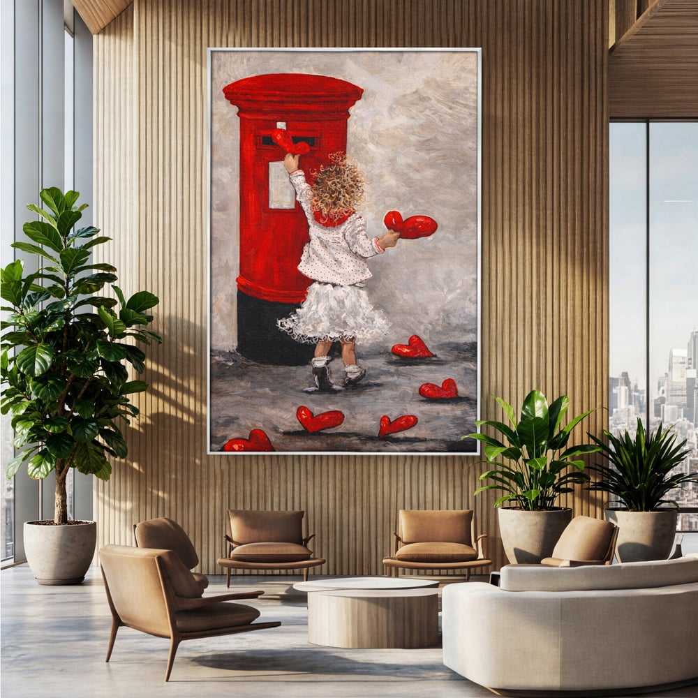 Tablou canvas cu pictura cu fetita si cutie postala, in rama de aluminiu argintiu, pe perete intr-un birou