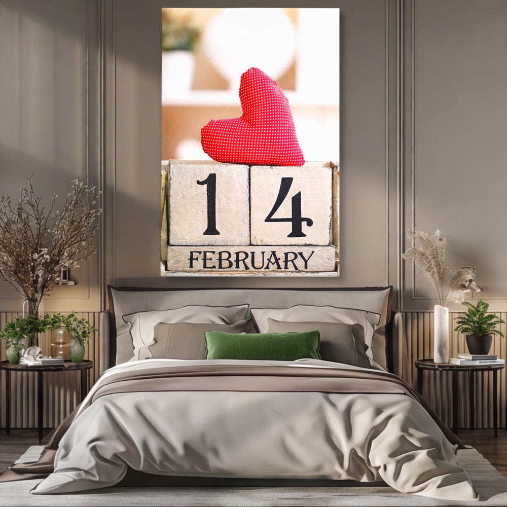 Tablou canvas cu tablou canvas cu data de paisprezece februarie, fara rama, pe sasiu de lemn, pe perete intr-un dormitor