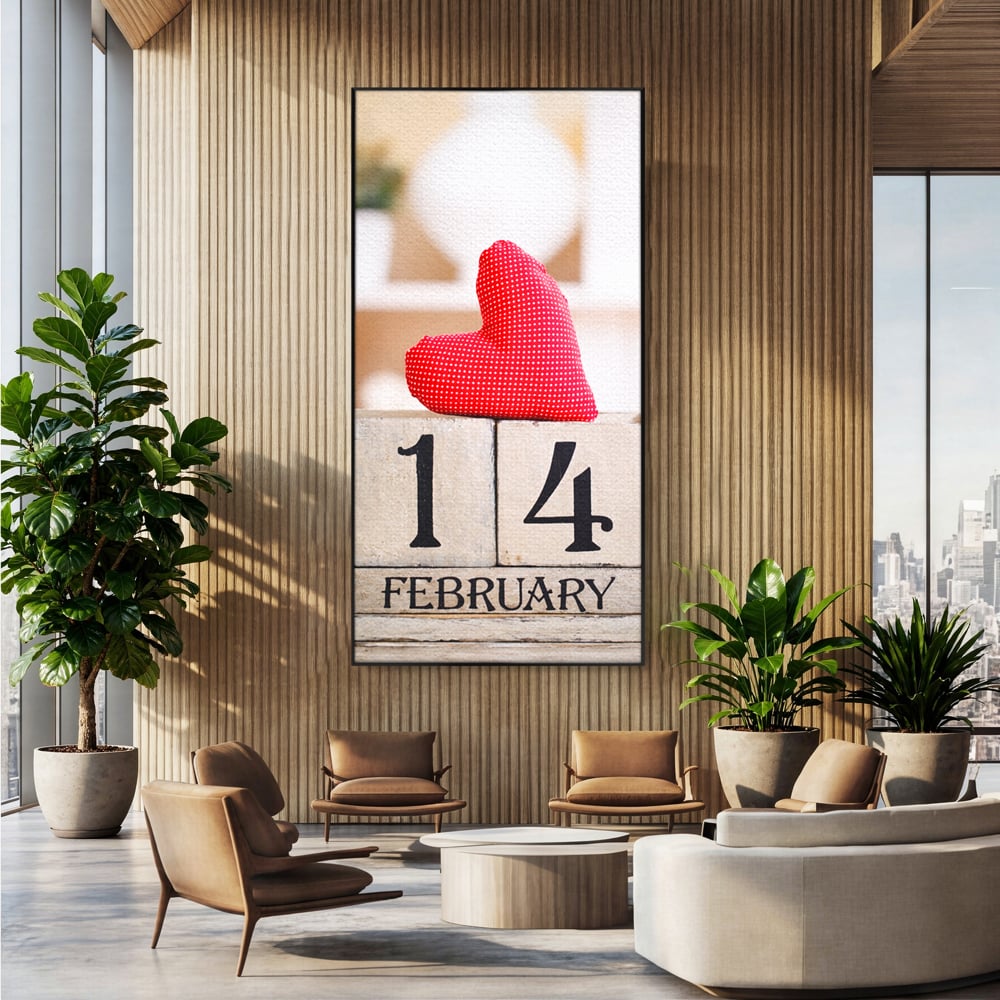 Tablou canvas cu tablou canvas cu data de paisprezece februarie, in rama de aluminiu negru, pe perete intr-un birou