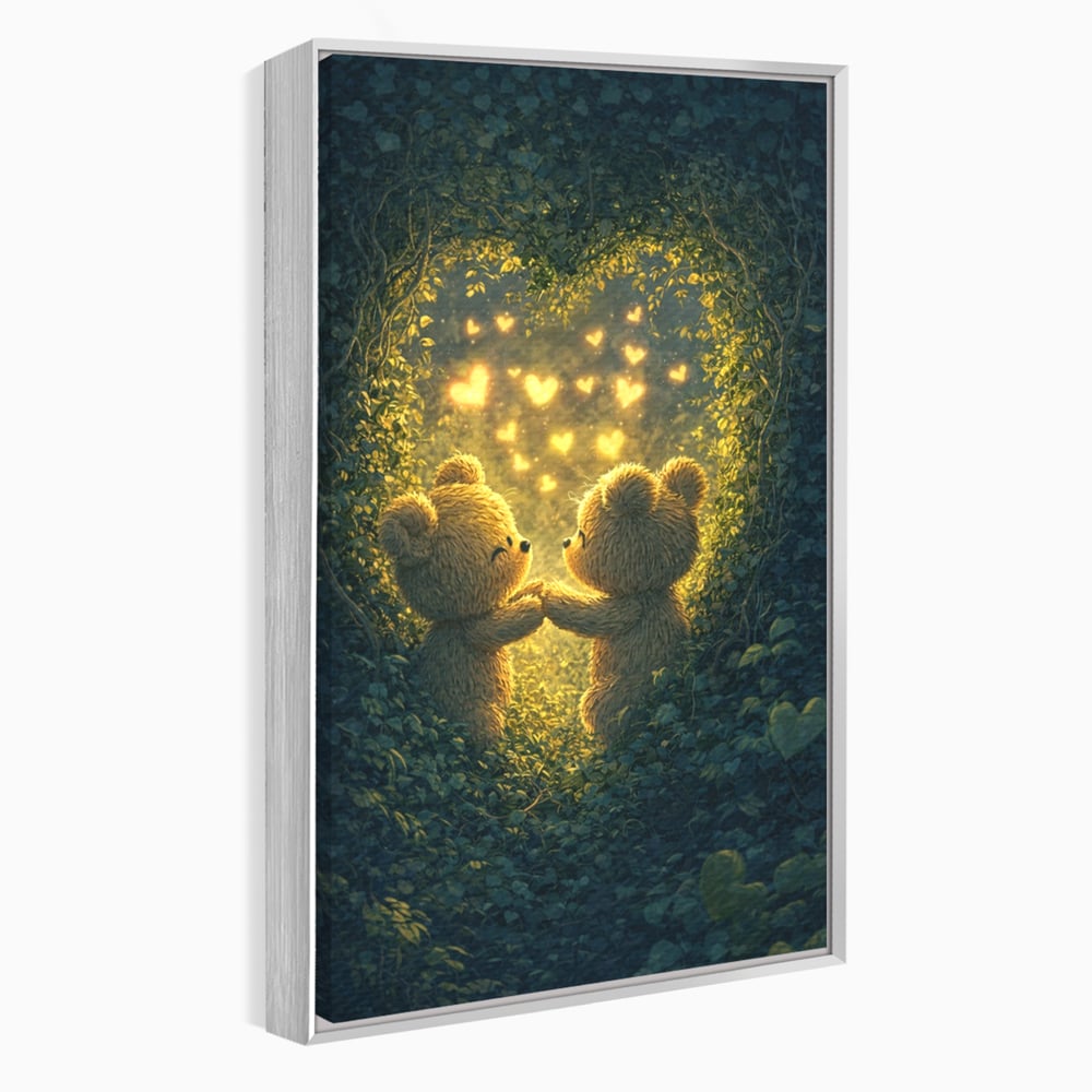 Tablou canvas cu doi ursuleti pufosi in padure, in rama de aluminiu argintiu