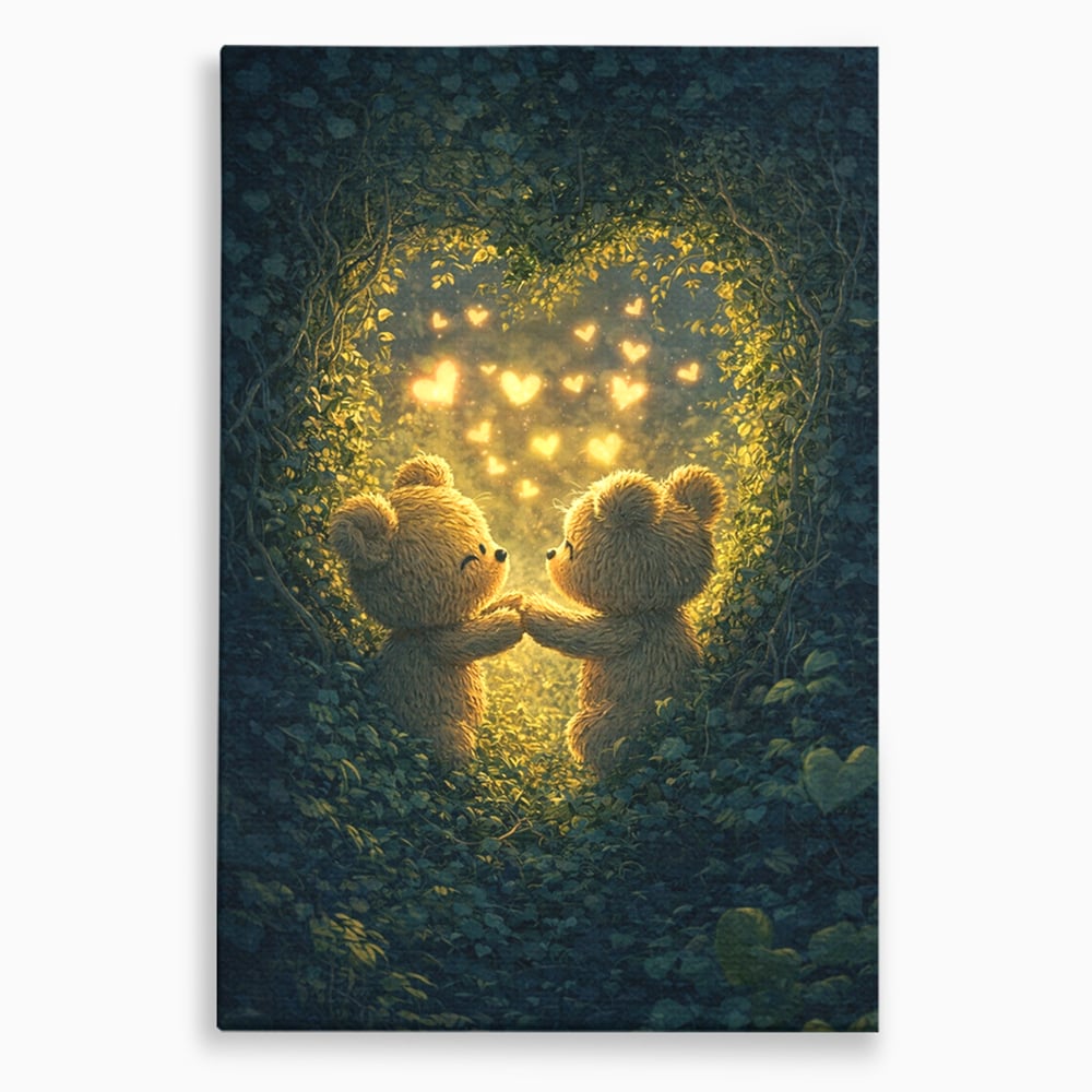 Tablou canvas cu doi ursuleti pufosi in padure, fara rama, pe sasiu de lemn