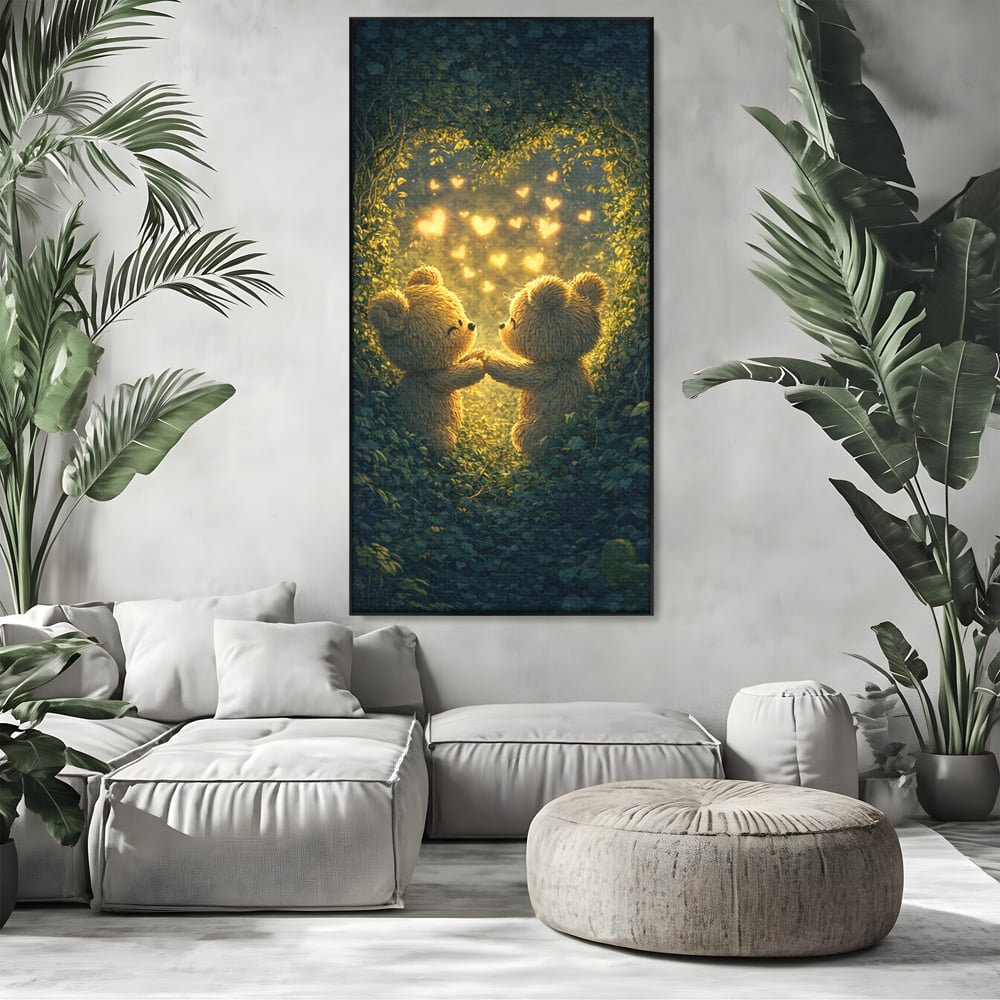 Tablou canvas cu doi ursuleti pufosi in padure, in rama de aluminiu negru, pe perete intr-un living