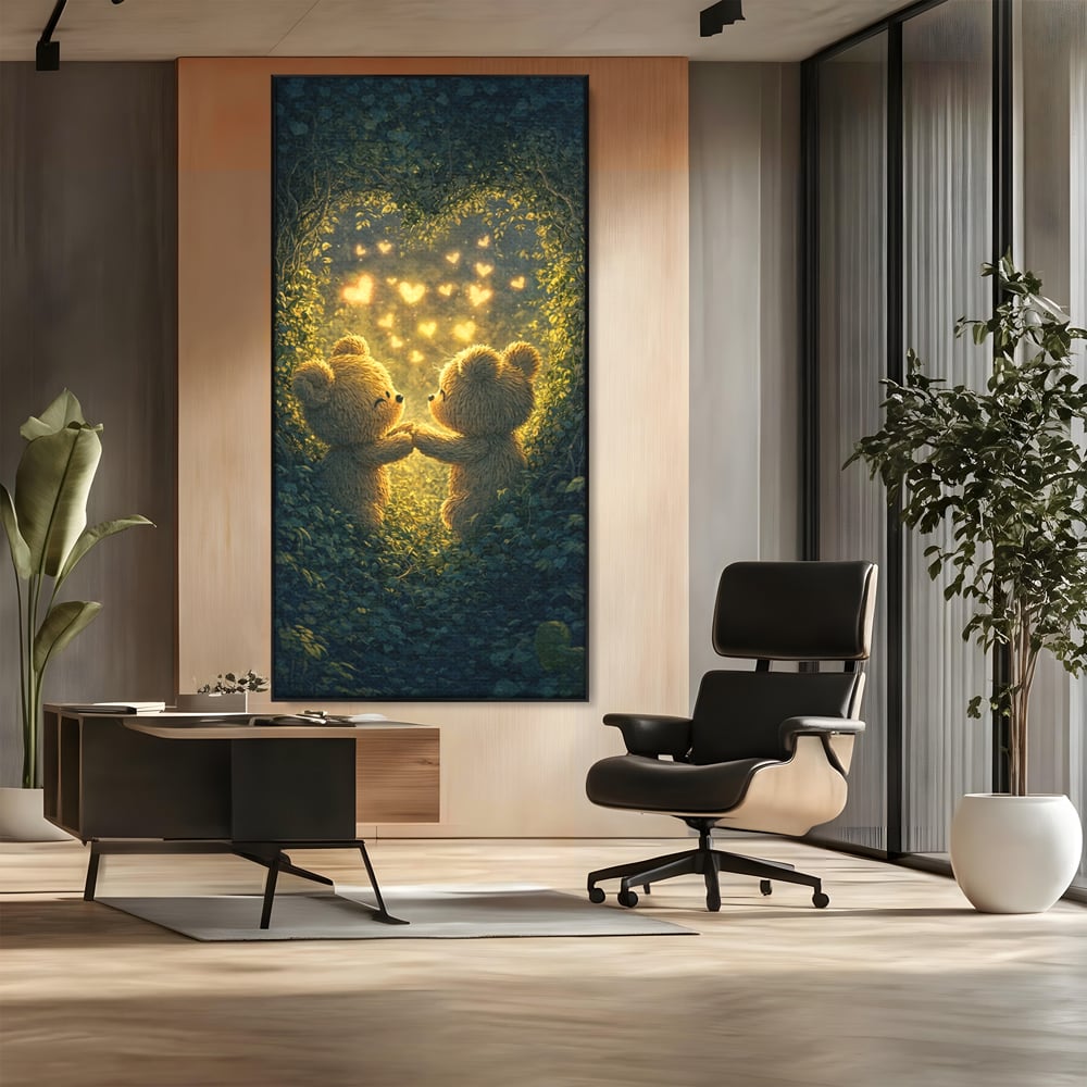 Tablou canvas cu doi ursuleti pufosi in padure, in rama de aluminiu negru, pe perete intr-un birou